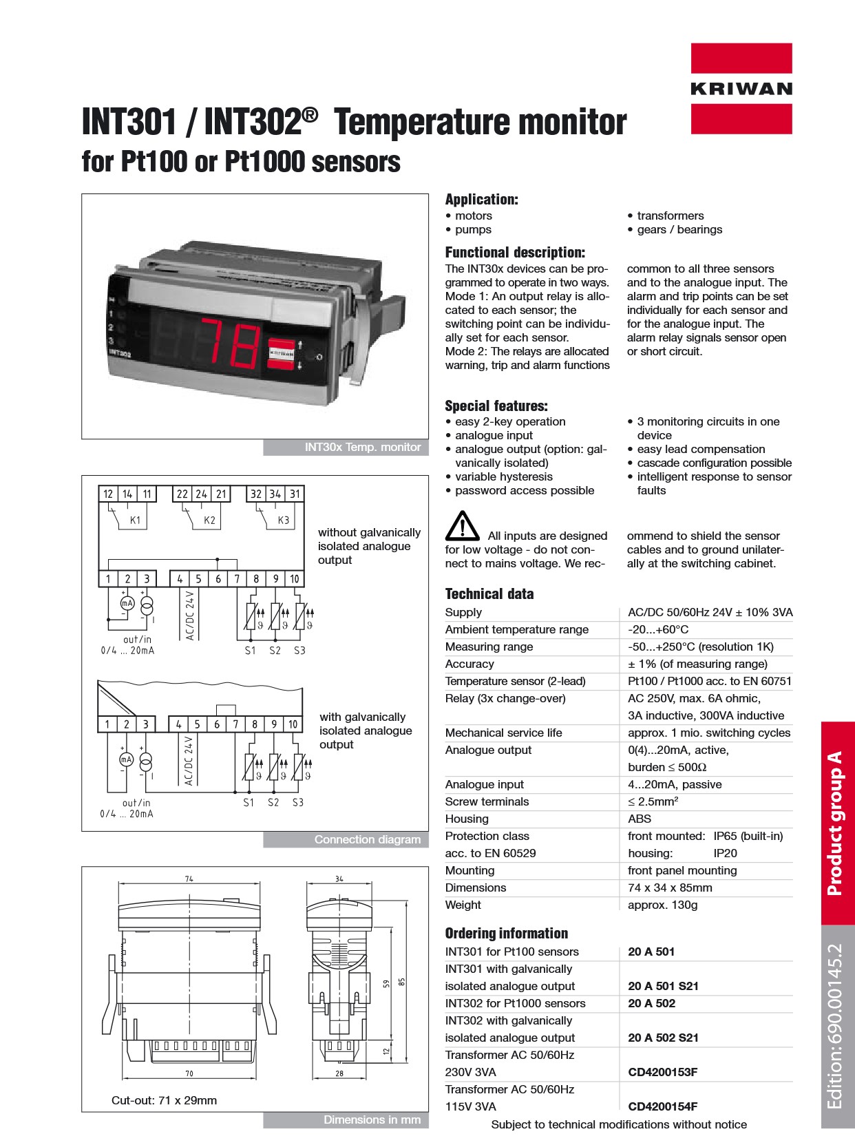 INT301 INT302® Temperature monitor for Pt100 or Pt1000 sensors KRIWAN